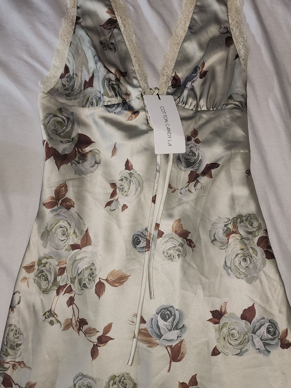 Cotton Candy Floral Satin Lace-Trim Slip in Ivory with Sage and Brown Roses